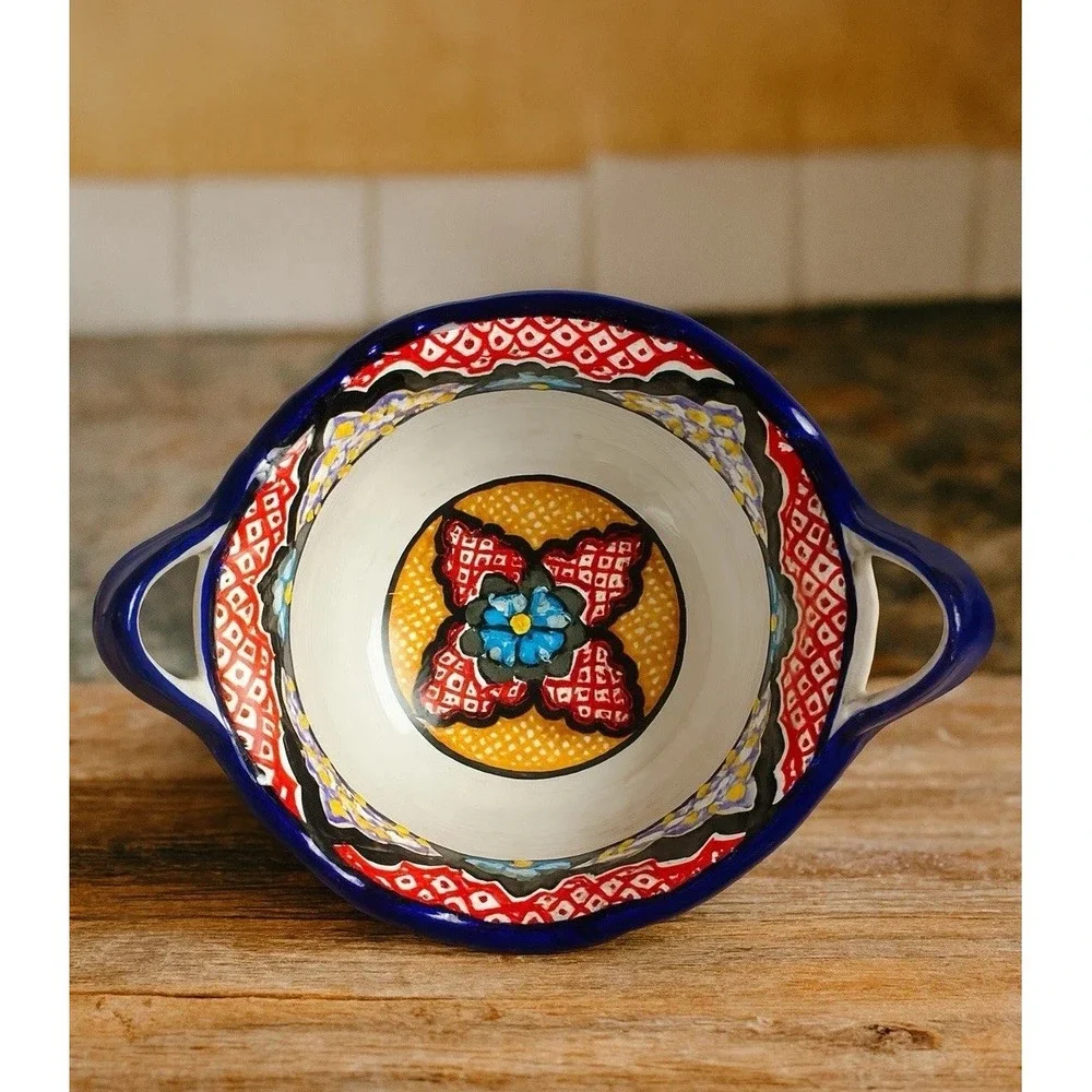 Mexican Talavera Hand Painted Bowl w/ Handles Lead Free Puebla 7